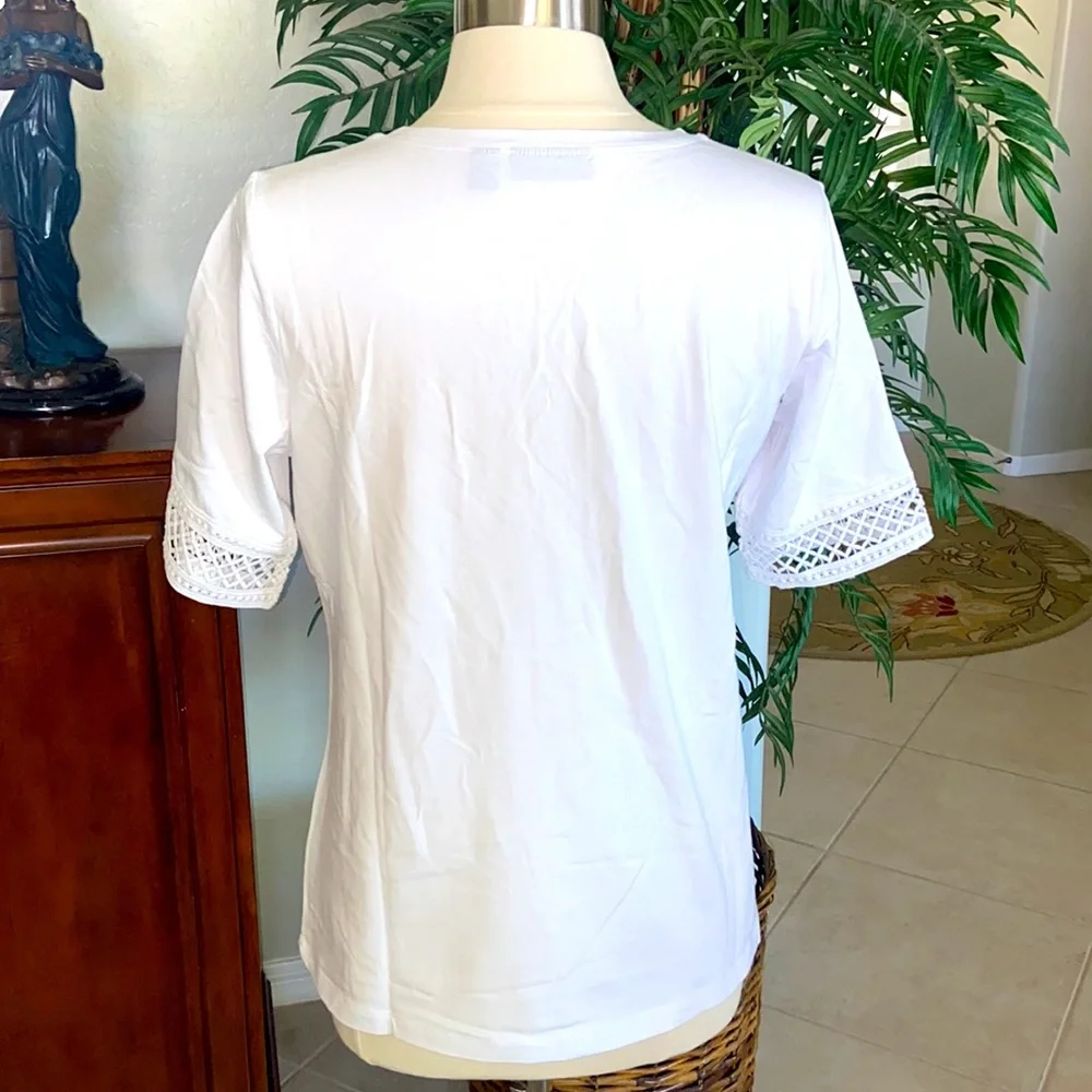 Susan Graver Weekend Cotton Modal Elbow Sleeve Top with Crochet Trim ~ White - Picture 3 of 7